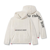 flatlay Sherpa Recovery Hoodie in ivory cream with black text and red drawstring details, front and back views