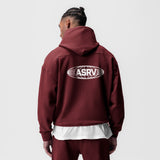Tech-Terry Hoodie in crimson worn by model, back view showing ASRV logo