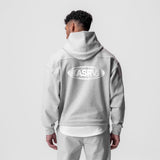 Tech-Terry Hoodie in heather grey worn by model, back view showing ASRV logo