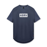 flatlay ASRV AeroSilver Established Tee in navy with white box logo, front view