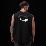 Tech Essential Relaxed Cutoff sleeveless tank in black with white koi graphic, back view on model