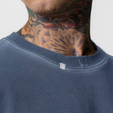 Tech Essential Relaxed Tee in Faded Navy worn by model, neckline detail view