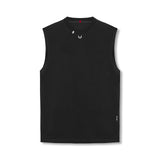 flatlay Tech Essential Relaxed Cutoff sleeveless tank in black, front view