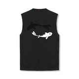 Black Tech Essential Relaxed Cutoff tank top with white koi fish graphic, back view