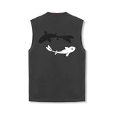flatlay Tech Essential Relaxed Cutoff sleeveless tank in space grey with koi fish graphic design, back view
