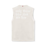 flatlay Tech Essential Relaxed Cutoff vest in stone with white text, back view