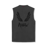Flatlay of ASRV Tech Essential Relaxed Cutoff tank in space grey with black brush wings logo graphic, back view