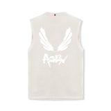 flatlay Tech Essential Relaxed Cutoff sleeveless tank in stone with white brush wings graphic, back view