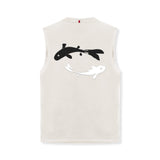 flatlay Tech Essential Relaxed Cutoff sleeveless tank in stone with black and white koi fish graphic, front view
