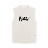 flatlay ASRV Tech Essential Relaxed Cutoff sleeveless tank in stone with black graphic logo, front view