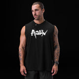 Black Tech Essential Relaxed Cutoff tank top with white 'Koi' graphic, modeled front view