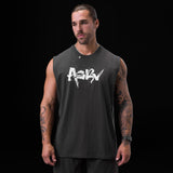 Tech Essential Relaxed Cutoff tank top in space grey with Koi graphic, front view on model