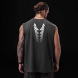 Tech Essential Relaxed Cutoff tank in space grey with white brush stroke wing design, back view on model