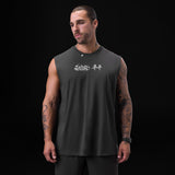 Tech Essential Relaxed Cutoff sleeveless tee in space grey with brush stroke design, worn by model