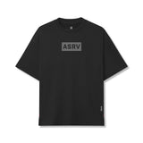 Flatlay of ASRV AeroSilver Oversized Tee in black with gray box logo, front view