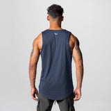 AeroSilver Tank Top in navy, rear view on model