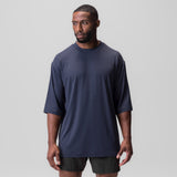 Navy 3D-Lite® 2.0 3/4-sleeve oversized tee worn by model, front view
