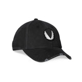 flatlay Distressed Patch Logo Hat in black with white wings emblem, front view