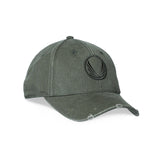 Flatlay of distressed patch logo hat in olive with wings emblem, front view