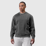 Tech Essential Distressed Crewneck in faded grey, worn by model, front view