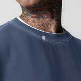 Tech Essential Distressed Crewneck in Faded Navy worn by model, neck detail view