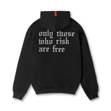 Flatlay Tech-Terry™ Zip Pocket Hoodie in black with white 'only those who risk are free' text, back view