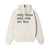 Flatlay Tech-Terry Zip Pocket Hoodie in stone with black graphic text, back view