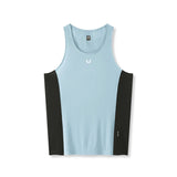 flatlay Laser-Vent Singlet Tank in light sky blue and black, front view