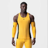 Laser-Vent™ Singlet Tank in amber and black worn with matching arm sleeves, front view