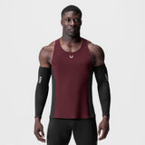 Laser-Vent Singlet Tank in crimson with black arm sleeves, front view on model