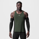 Laser-Vent Singlet Tank in olive with black arm sleeves, front view on model