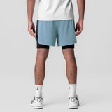 Aerotex Hybrid Liner Short in light sky blue and black, worn by model, back view