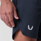 AeroSilver 7" linerless short in navy, worn by model, side detail view