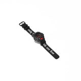 flatlay of ASRV x G-SHOCK DW6900 digital watch in black with red accents, angled view