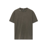 Flatlay of distressed relaxed tee in olive, front view on white background