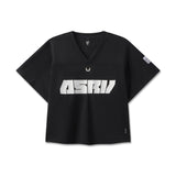 flatlay ASRV Ion-Mesh Crop Jersey in black with white logo, front view