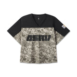 ASRV Ion-Mesh Crop Jersey in digital camo and black, front view on model