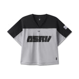 flatlay ASRV Ion-Mesh Crop Jersey in slate grey and black, front view