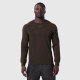 Waffle knit longsleeve in dark earth, worn by model, front view