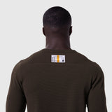 Waffle knit longsleeve in dark earth, back view on model