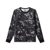 Flatlay of waffle knit longsleeve in black and white pixel camo pattern, front view