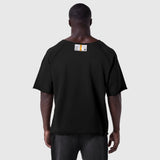 Black vintage raw hem pump cover t-shirt on model, back view