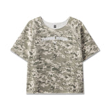 flatlay of Vintage Raw Hem Pump Cover t-shirt in digital camo print, front view