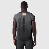 Tech Essential Cap Shoulder Cutoff tank in black sun fade, back view on model