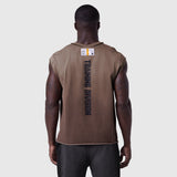 Tech Essential Cap Shoulder Cutoff tank in dark earth, back view on model