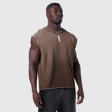 Tech Essential Cap Shoulder Cutoff sleeveless tank in dark earth, worn by model, front view