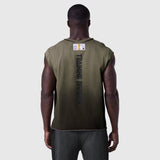 Tech Essential Cap Shoulder Cutoff in olive sun fade, back view on model