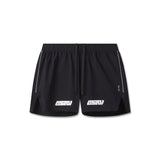 flatlay of black Aerotex Distance shorts with white ASRV logo, front view