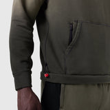 Tech-Terry Training Hoodie in olive worn by model, detail shot of zipper and cuff