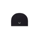 flatlay of black Lycra® Skully beanie with small white logo, front view